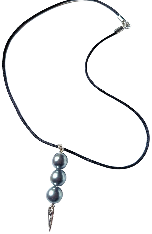 Soft Gray Glass Pearl Trio w/Silver Spike Drop Necklace