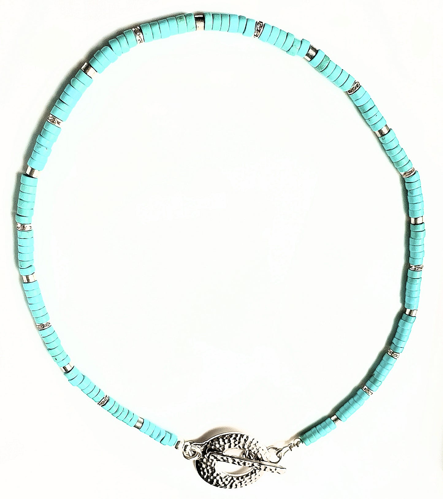 Natural Turquoise Heishi Choker Necklace with Rhinestone Spacers and Hammered Toggle Clasp Focal