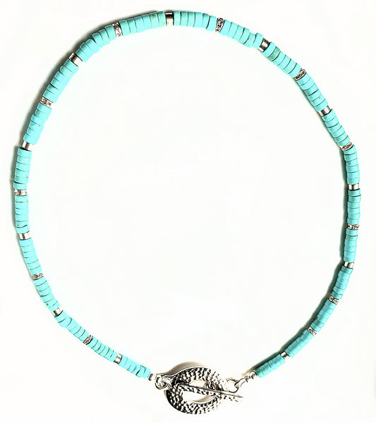 Natural Turquoise Heishi Choker Necklace with Rhinestone Spacers and Hammered Toggle Clasp Focal