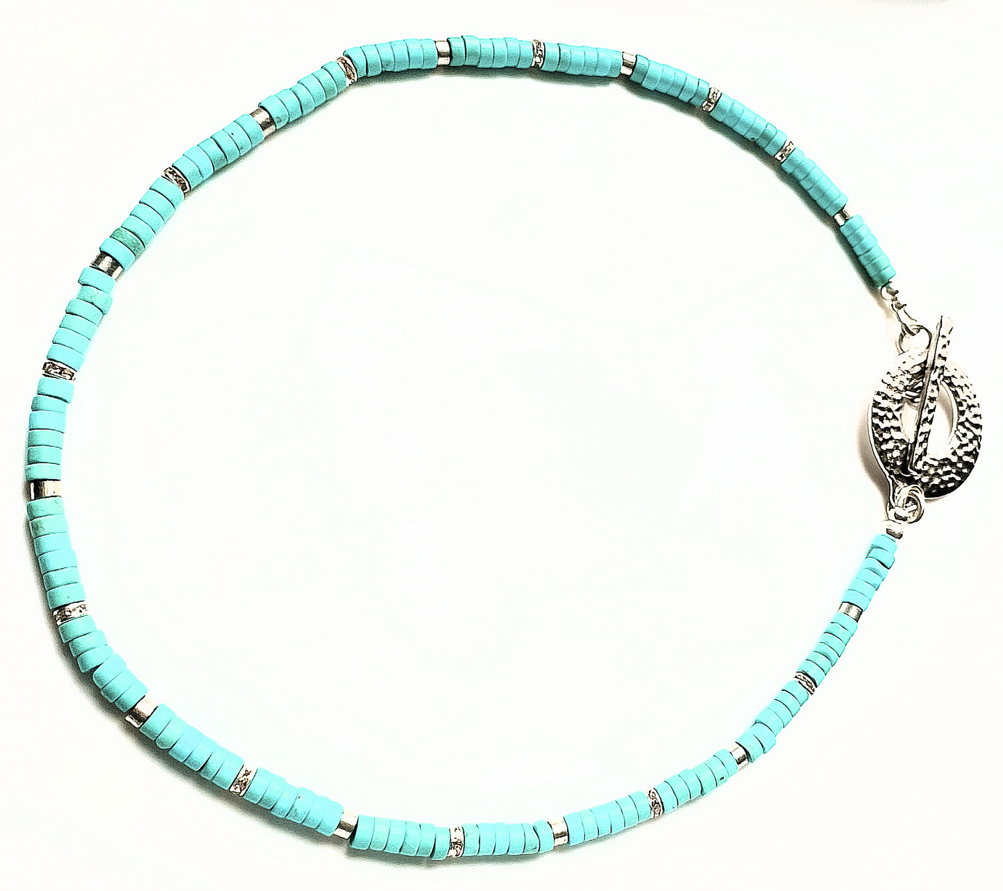 Natural Turquoise Heishi Choker Necklace with Rhinestone Spacers and Hammered Toggle Clasp Focal