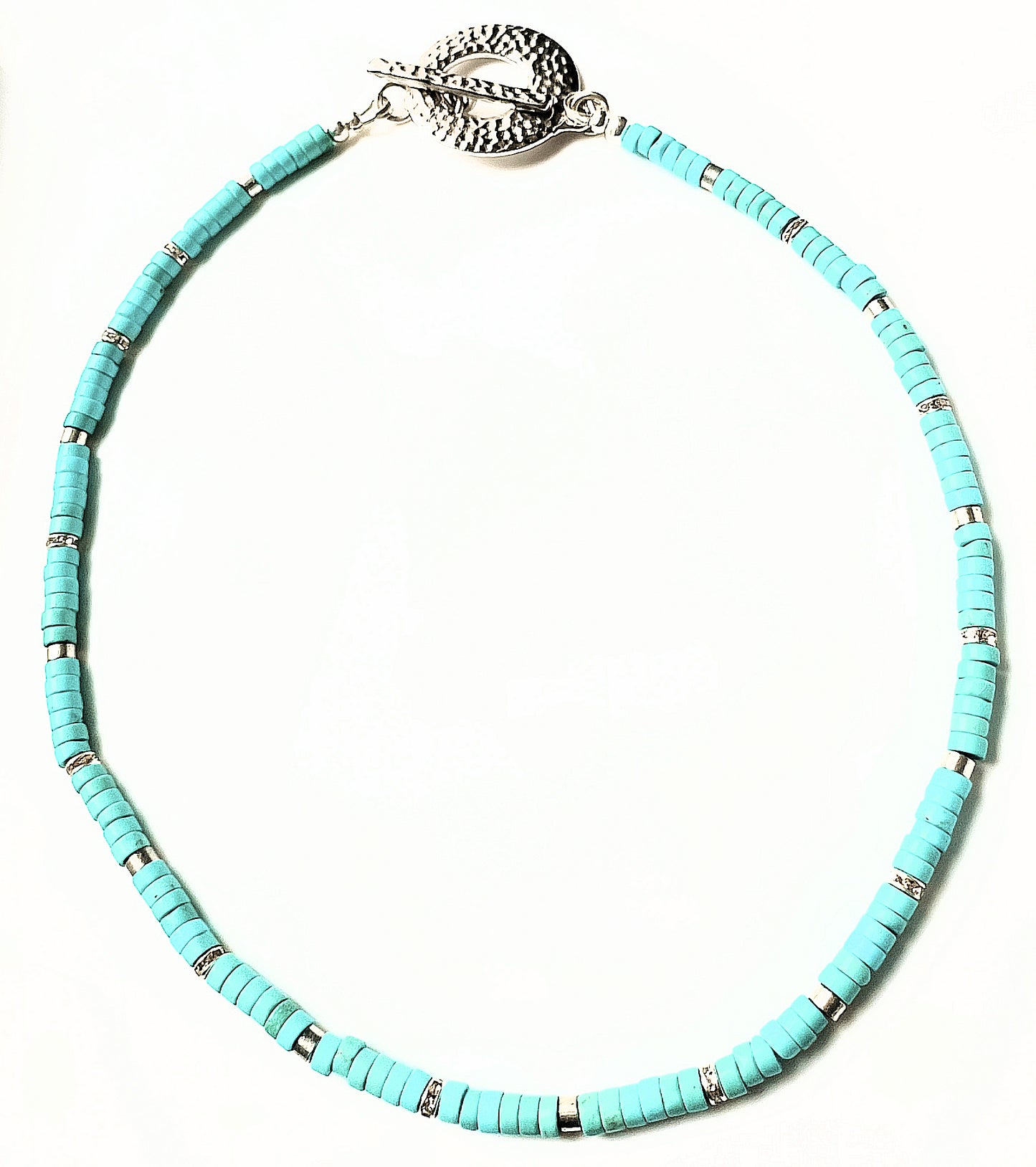 Natural Turquoise Heishi Choker Necklace with Rhinestone Spacers and Hammered Toggle Clasp Focal