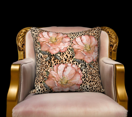 Pink Roses on Leopard Print Velveteen Pillow Cover  - 18" x 18"