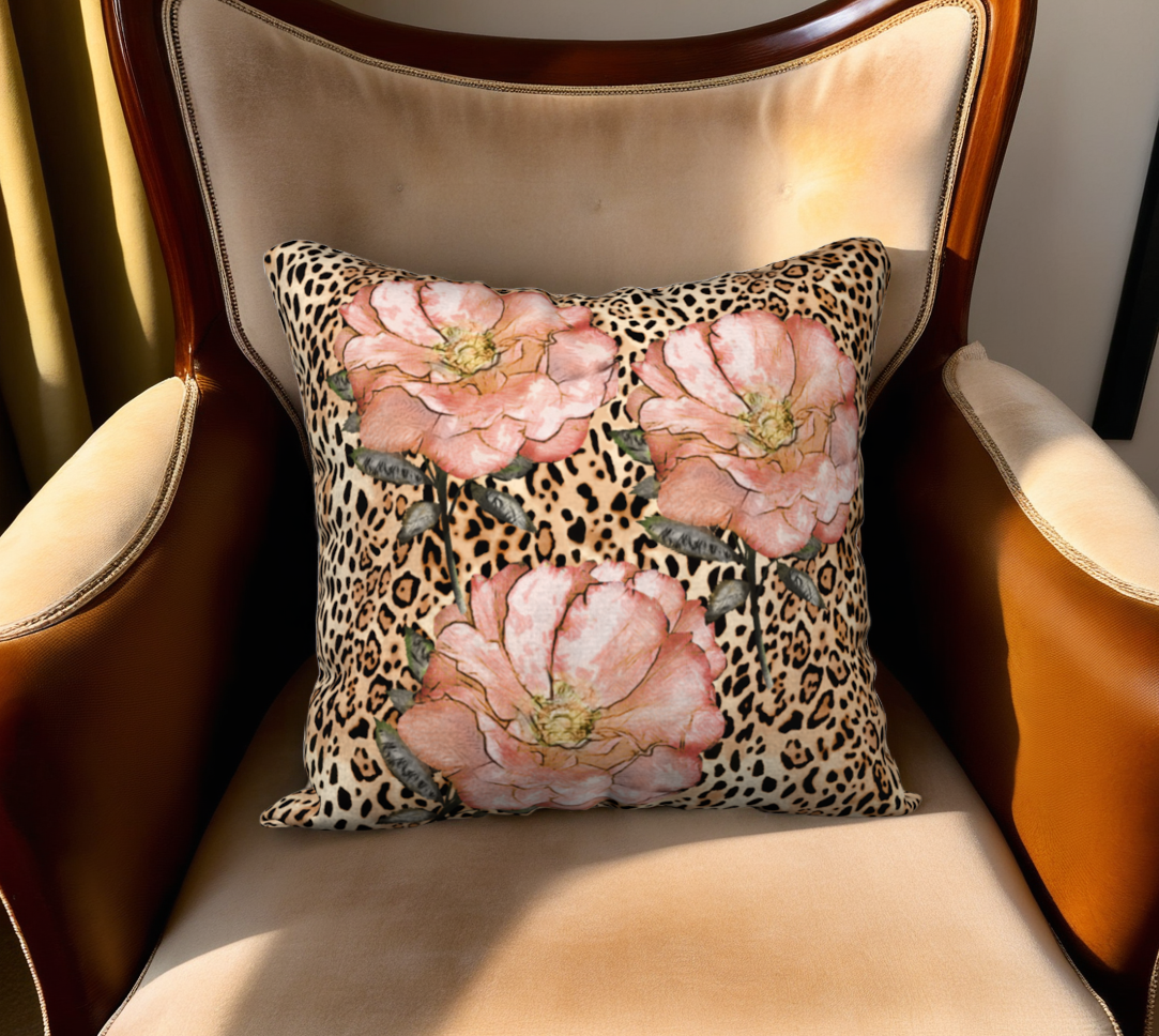 Pink Roses on Leopard Print Velveteen Pillow Cover  - 18" x 18"