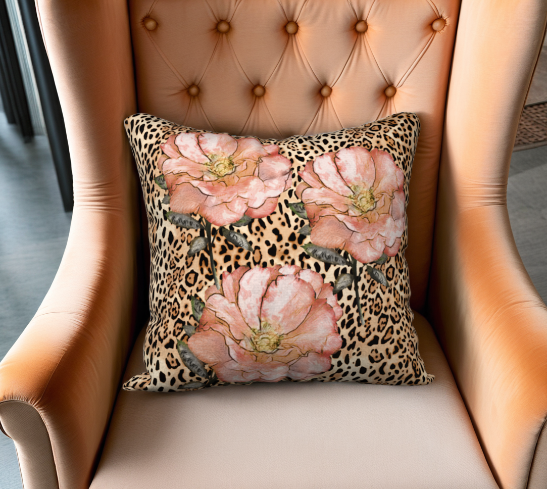 Pink Roses on Leopard Print Velveteen Pillow Cover  - 18" x 18"