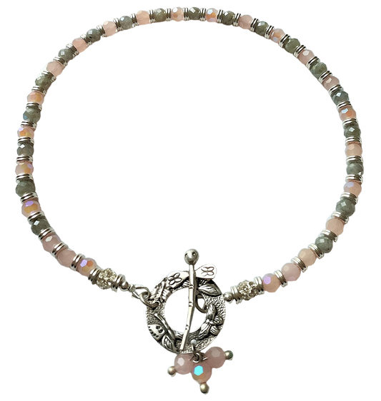 Faceted Labradorite Beads, Faceted Peach Opal AB Crystals & Sterling Silver Two-Strand Convertible Necklace/Wrap Bracelet