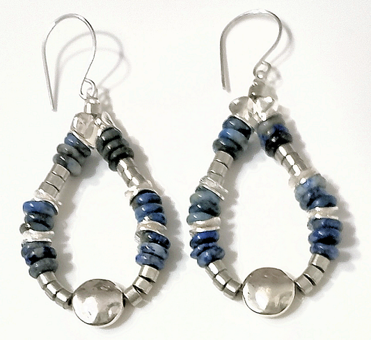 Denim Lapis Lazuli & Silver Teardrop Hoop Beaded Earrings