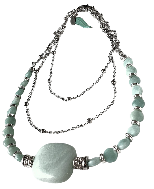 Three-Strand Amazonite Pendant & Faceted Coin Beads With Stainless Steel Satellite Chains Necklace