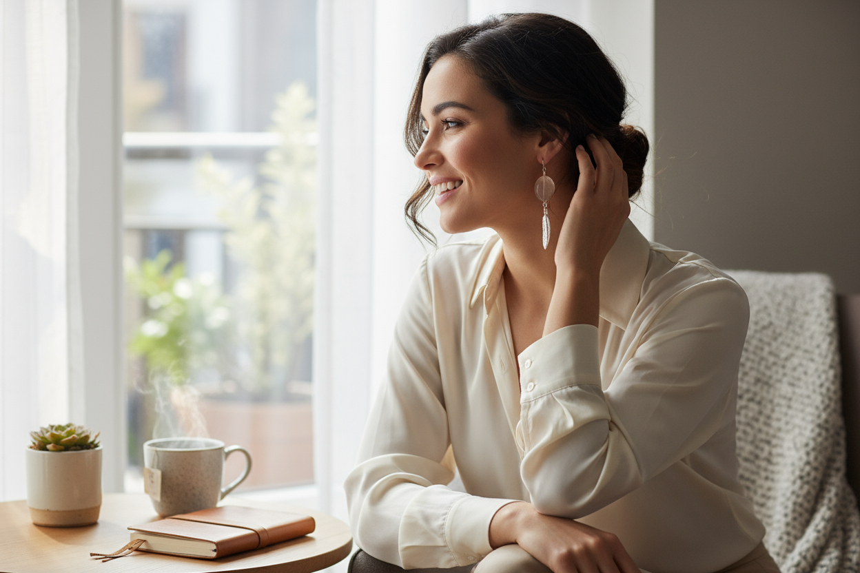 Polished Rock Crystal Quartz Earrings with Sterling Silver-Plated Pewter Feather Charm