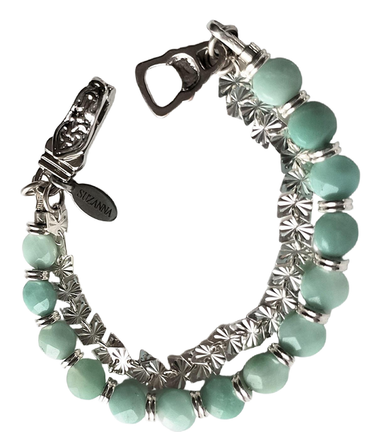 Amazonite Faceted Coin Bead & Sterling Silver Butterfly Chain Two-Strand Bracelet