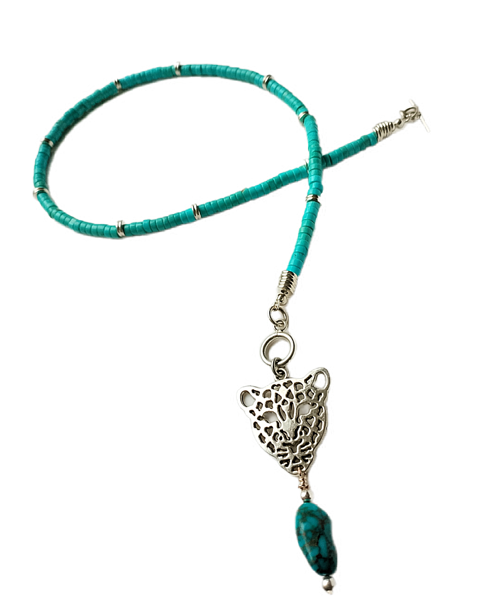 Fierce & Fabulous Silver-Plated Leopard Head Pendant with Natural Turquoise Nugget & Heishi Necklace
