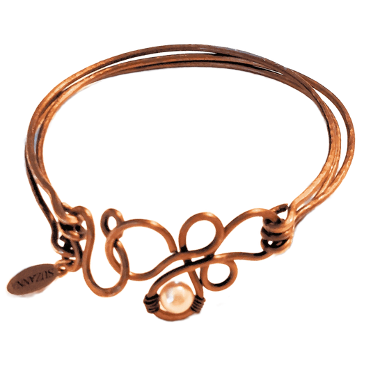 Triple Bangle Vintage Bronze Freeform Focal/Clasp with Swarovski Crystal Pearl Bracelet OOAK