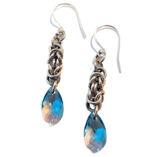 Swarovski Crystal Blue Teardrop Sterling Silver Byzantine Chain Maille Earrings