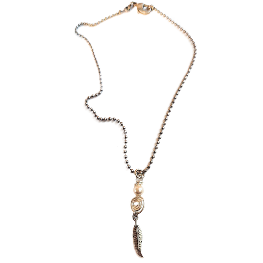 Silver-fill Spiral, Swarovski Crystal Pearl and Sterling Silver Feather Pendant Necklace OOAK