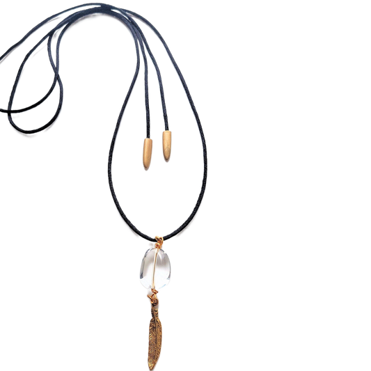 Polished Crystal Quartz & 24k Gold-plated Pewter Feather Pendant Necklace