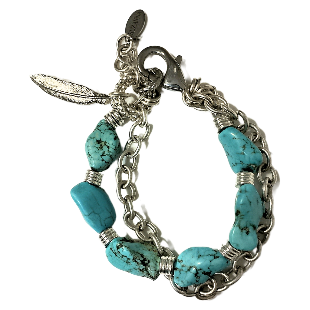 Polished Natural Turquoise Nugget & Chain Two-Strand Bracelet