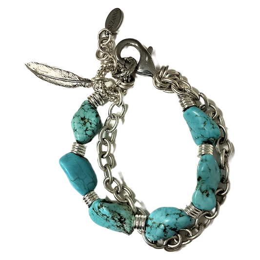 Polished Natural Turquoise Nugget & Chain Two-Strand Bracelet