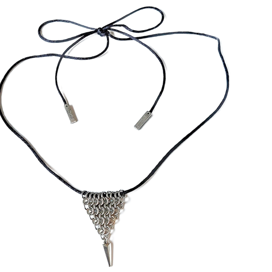 Stainless Steel Chain Maille Leaf/Half-Diamond Pendant w/Silver Spike & Bolo Tie Necklace