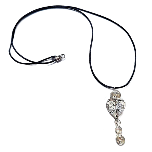 Hill Tribe Silver Leaf with Silver Spirals Accent Pendant Necklace OOAK