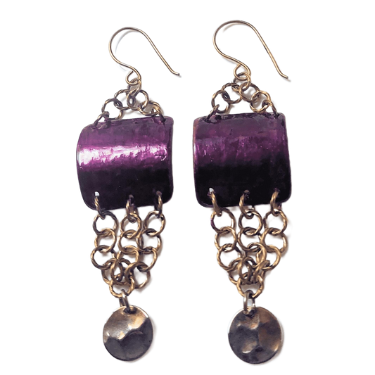 Vibrant Grape Hand Painted Birch Bark & Twisted Brass Earrings OOAK