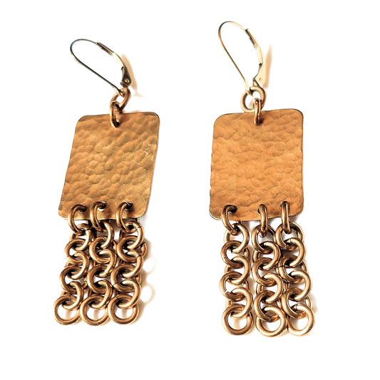 Hammered Bronze Rectangles w/Chains Earrings