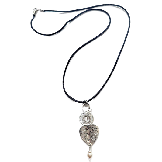 Silver-fill Spiral, Hill Tribe Silver Leaf & Swarovski Crystal Pearl Pendant Necklace OOAK