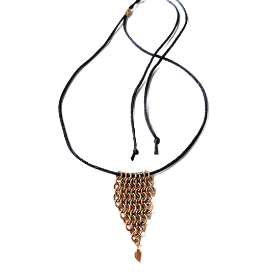 Brass Chain Maille Leaf Pendant with Petite Gold Leaf Drop Necklace