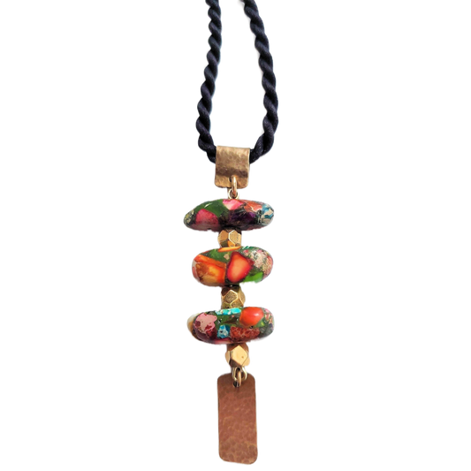 Trio of Layered Mixed Impression Jasper Stones and Gold-plated Faceted Beads Pendant Necklace OOAK