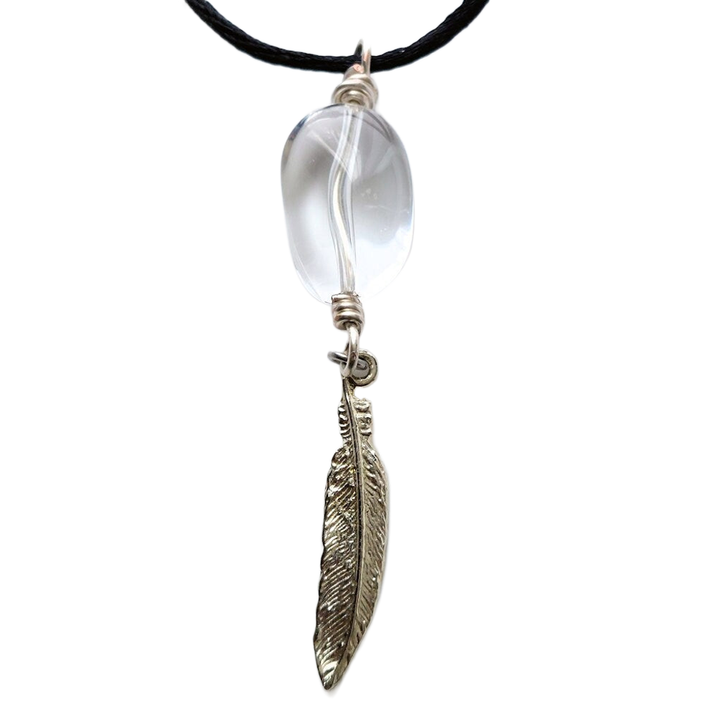 Polished Crystal Quartz & Silver-plated Pewter Feather Pendant Necklace