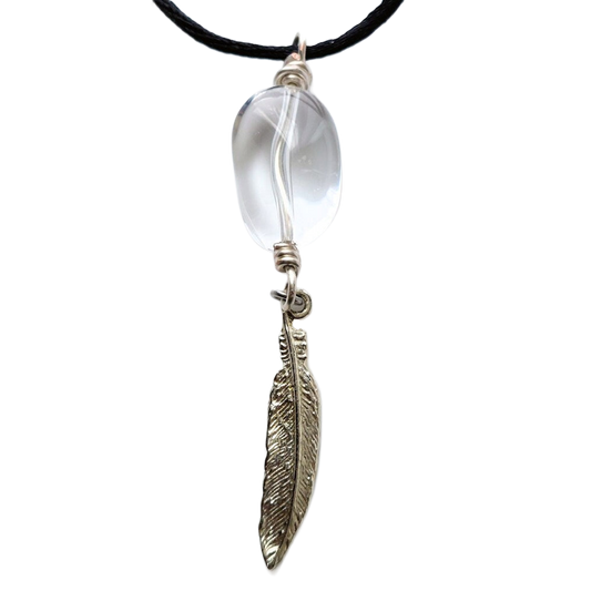 Polished Crystal Quartz & Silver-plated Pewter Feather Pendant Necklace
