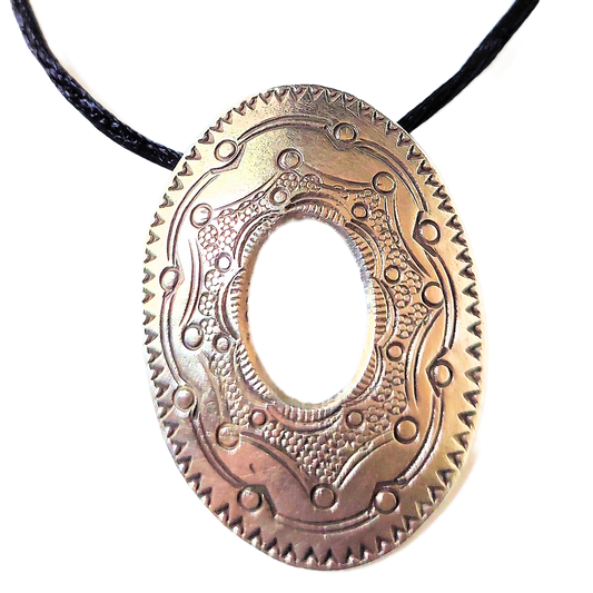 Hill Tribe Fine Silver Oval Donut Pendant Necklace on Black Satin Cord
