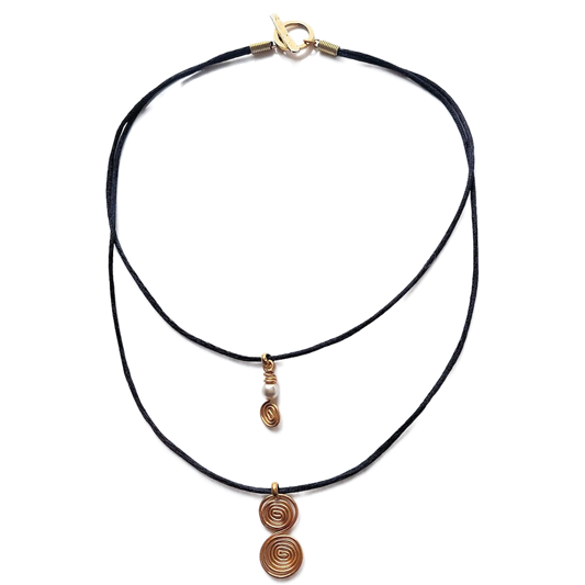 Layered Silk Cord Golden Brass Spiral & Swarovski Crystal Pearl Pendant Necklace OOAK