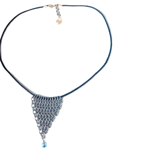 Stainless Steel Half Diamond Pendant Necklace with Ice Blue Swarovski Crystal Pearl