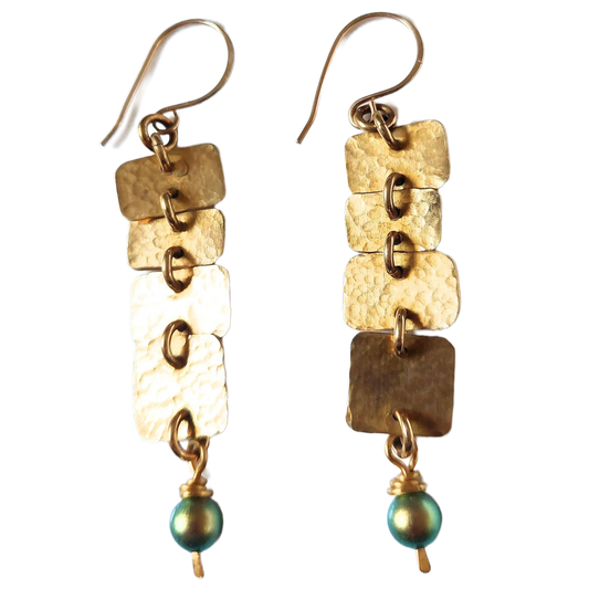 Hammered Bronze Articulated Earrings with Chartreuse Swarovski Crystal Pearl Drop OOAK