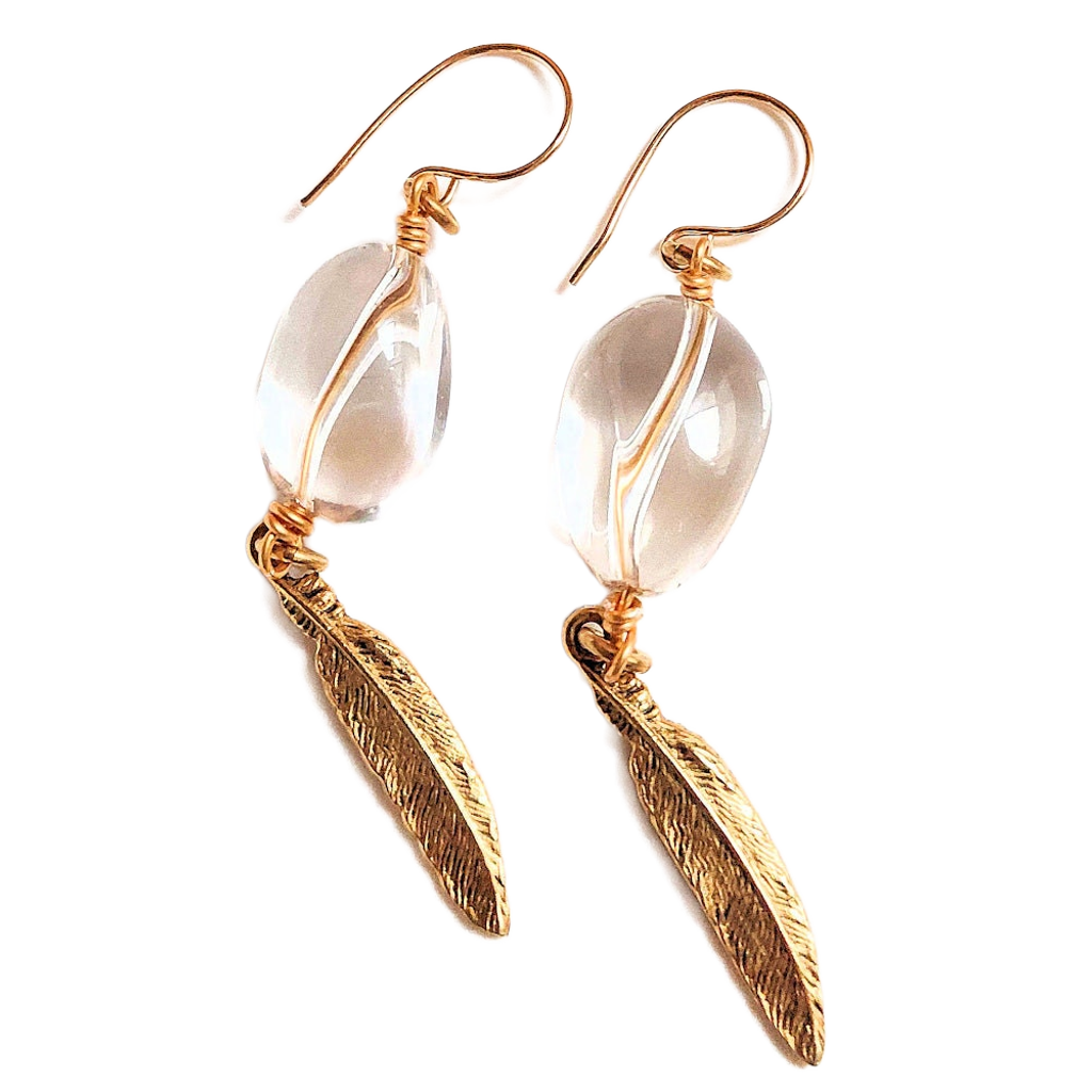 Polished Crystal Quartz & Golden Feather Earrings