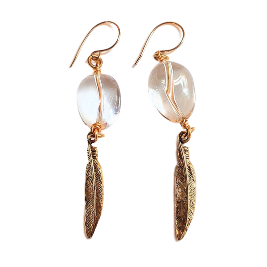 Polished Crystal Quartz & Golden Feather Earrings