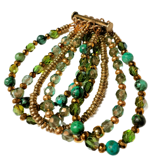 African Turquoise, Czech Glass, and Brass Heishi Five -Strand Bracelet