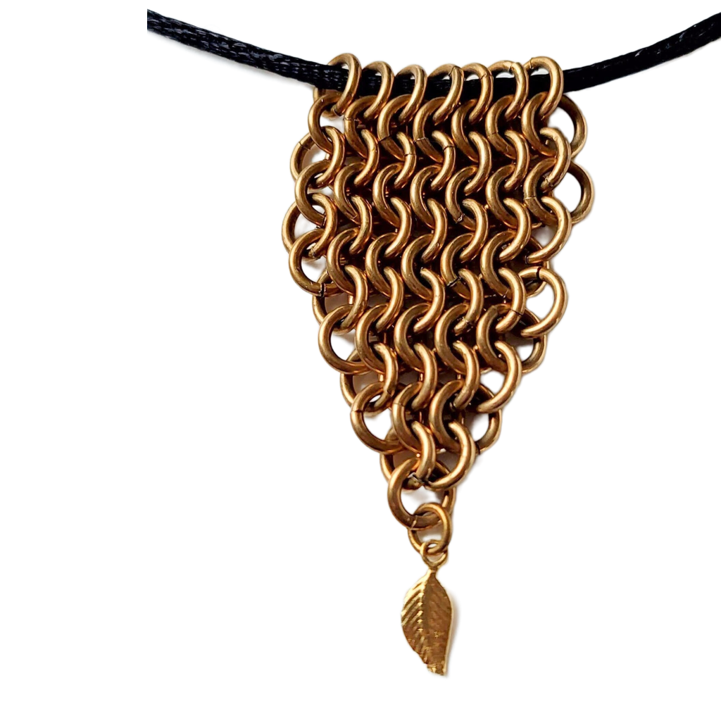 Brass Chain Maille Leaf Pendant with Petite Gold Leaf Drop Necklace