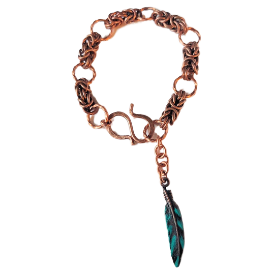 Copper Byzantine Chain Maille Bracelet w/Feather Charm