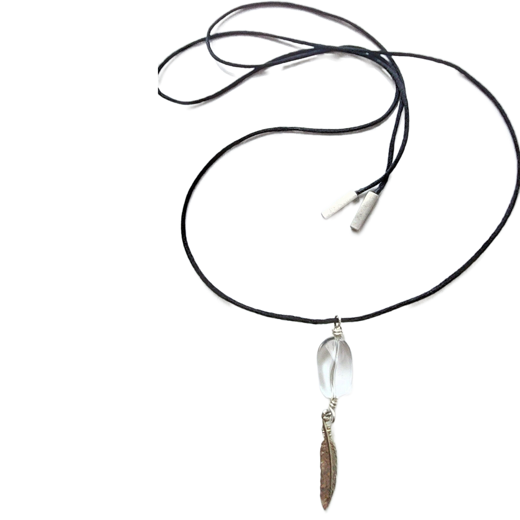 Polished Crystal Quartz & Silver-plated Pewter Feather Pendant Necklace