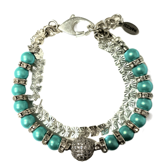 Iridescent Turquoise Green Czech Glass Pearls, Rhinestones, Dazzling Pave Focal & Sterling Silver Butterfly Chain Two-Strand Bracelet