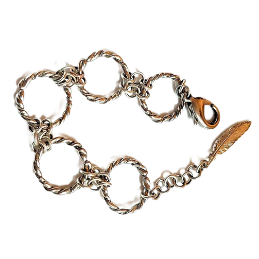 Silver-plated Pewter Rope Rings Bracelet with Feather OOAK