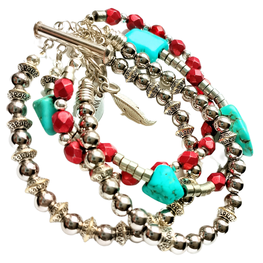 Natural Turquoise Stone, Czech Glass & Sterling Silver Beads Five-Strand Bracelet