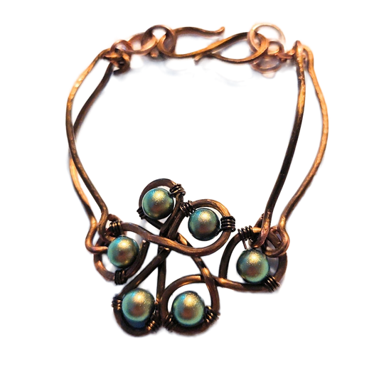 Vintage Bronze Articulated Double Bangle with Six Iridescent Green Swarovski Pearl Bracelet OOAK