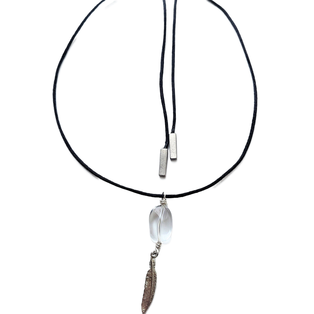 Polished Crystal Quartz & Silver-plated Pewter Feather Pendant Necklace