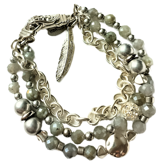 Faceted Labradorite, Silver Druk Czech Glass Beads. Silver Chain & Sterling Silver beads Three-Strand Bracelet