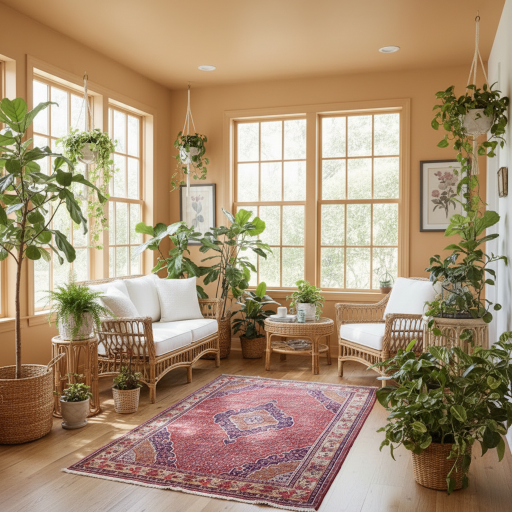 A bright, sunlit sunroom with warm peach walls, large windows, and an abundant arrangement of potted plants. The room features a woven rattan loveseat with white cushions, a matching armchair, a small round coffee table, and a red and blue patterned area rug on a light wood floor.