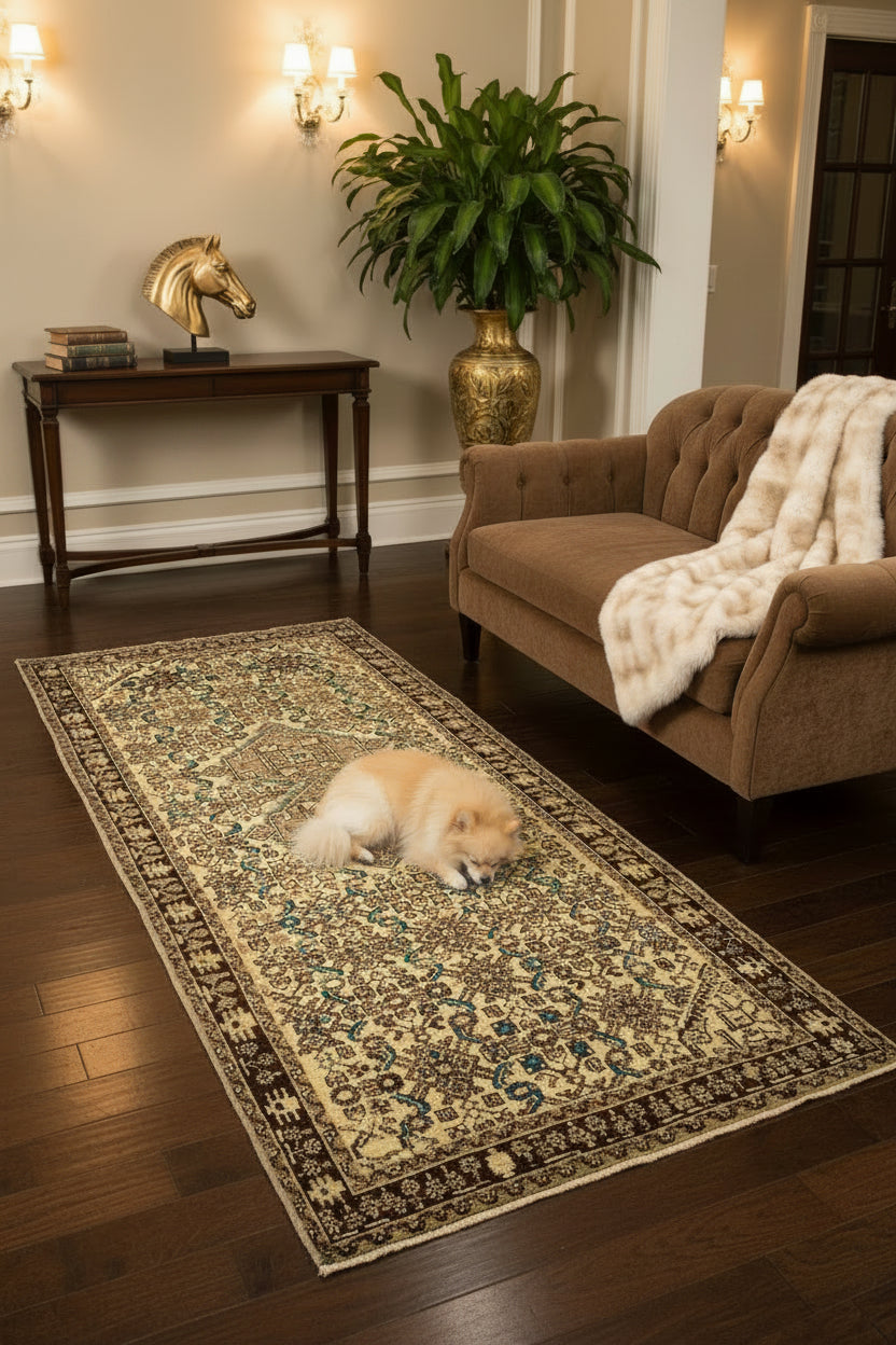 Vintage Persian Hosseinabad Runner Rug| Single Medallion with Herati Field| 3' 8” x 10' 2"