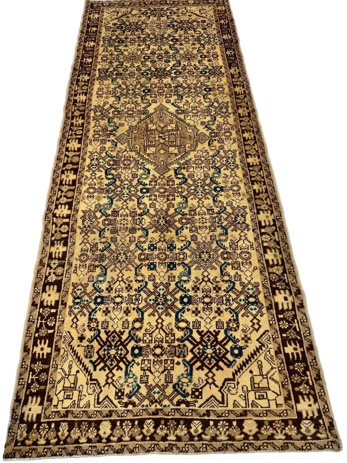 Vintage Persian Hosseinabad Runner Rug| Single Medallion with Herati Field| 3' 8” x 10' 2"