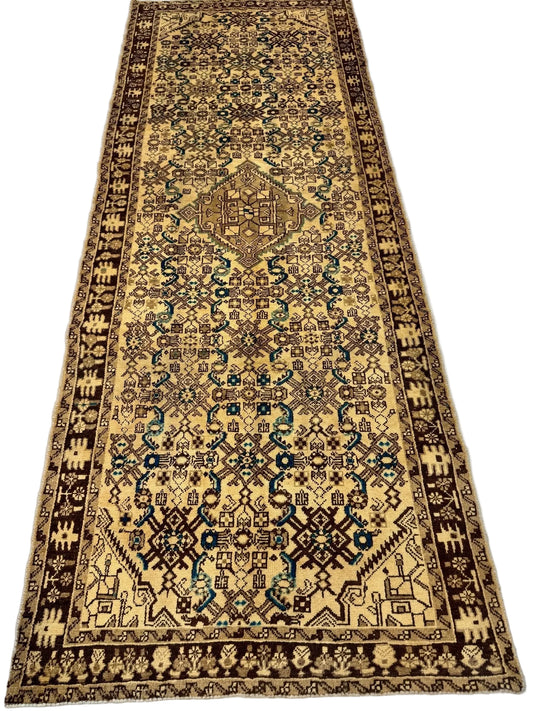Vintage Persian Hosseinabad Runner Rug| Single Medallion with Herati Field| 3' 8” x 10' 2"