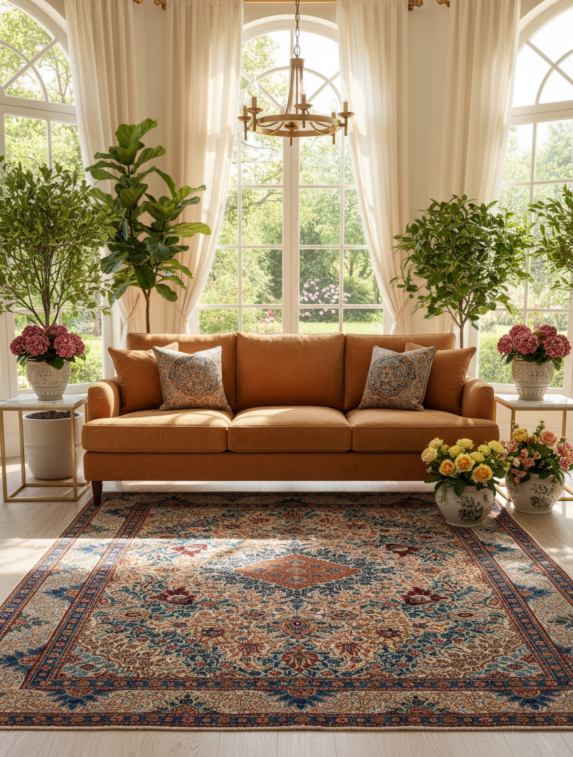 A styled living room scene featuring a rust-orange sofa with patterned throw pillows, set on a large traditional oriental area rug. The room is decorated with potted plants, floral arrangements, cream drapes, and a chandelier, with a bright window in the background.